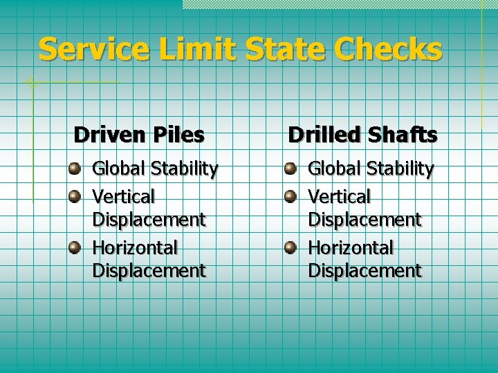Service Limit State Checks Driven Piles Global Stability Vertical Displacement Horizontal Displacement Drilled Shafts