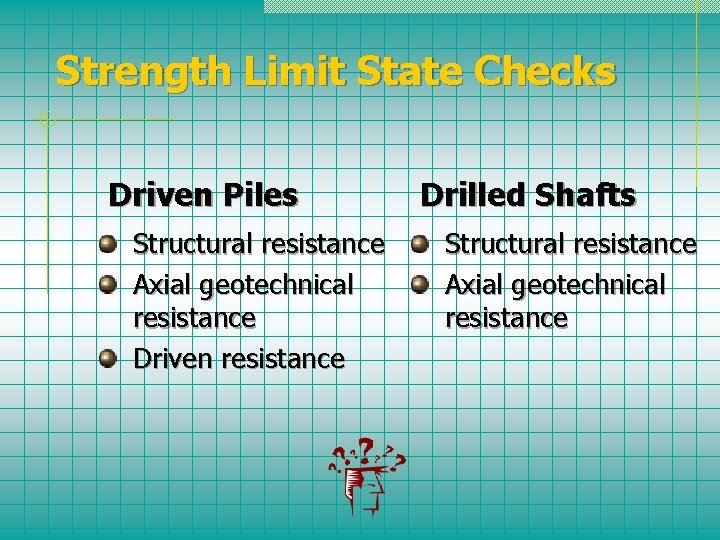 Strength Limit State Checks Driven Piles Structural resistance Axial geotechnical resistance Driven resistance Drilled