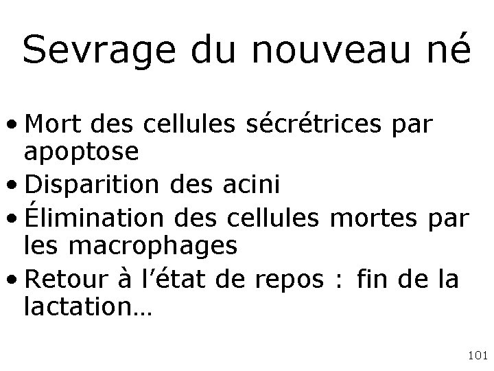 Sevrage du nouveau né • Mort des cellules sécrétrices par apoptose • Disparition des Sevrage du nouveau né • Mort des cellules sécrétrices par apoptose • Disparition des