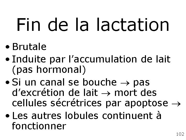 Fin de la lactation • Brutale • Induite par l’accumulation de lait (pas hormonal) Fin de la lactation • Brutale • Induite par l’accumulation de lait (pas hormonal)