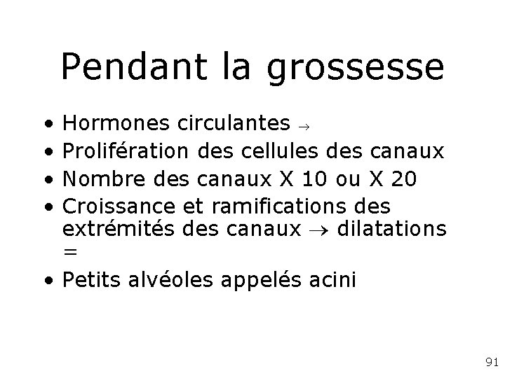 Pendant la grossesse • • Hormones circulantes Prolifération des cellules des canaux Nombre des Pendant la grossesse • • Hormones circulantes Prolifération des cellules des canaux Nombre des