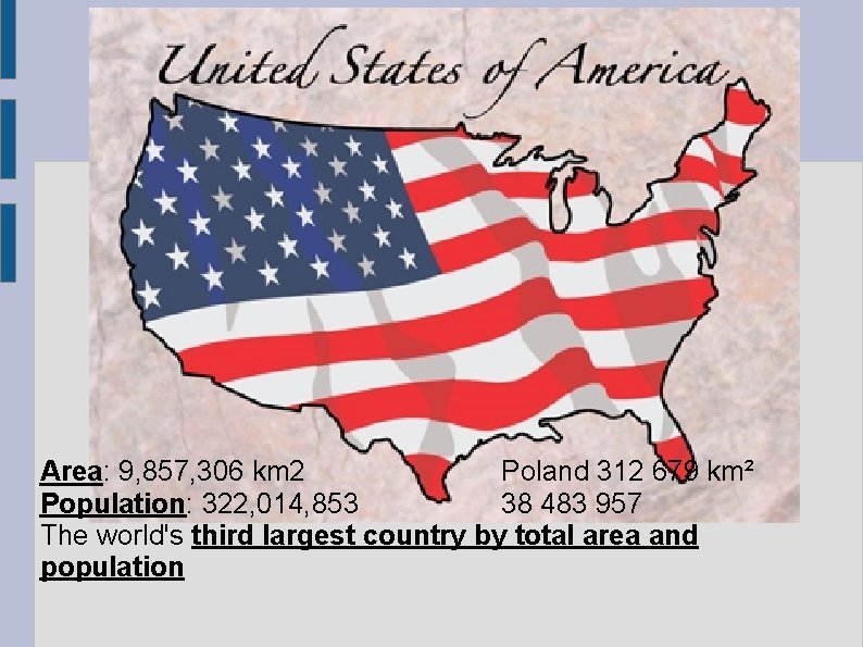 The United States of America Area: 9, 857, 306 km 2 Poland 312 679