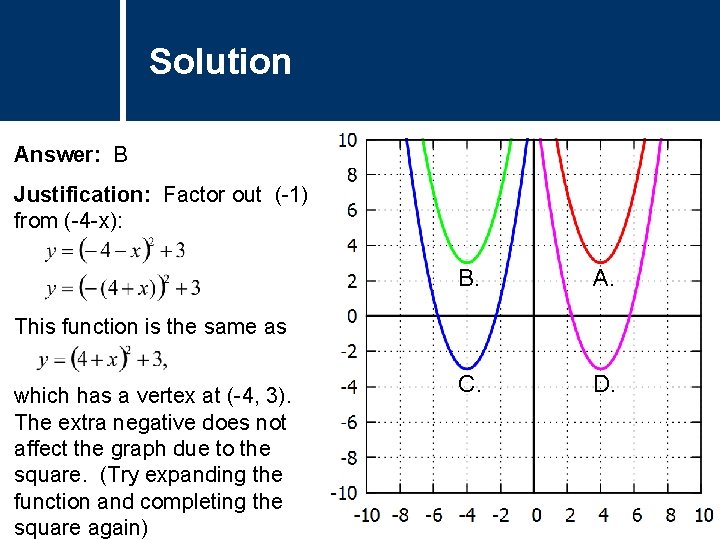 Solution Answer: B Justification: Factor out (-1) from (-4 -x): B. A. C. D.