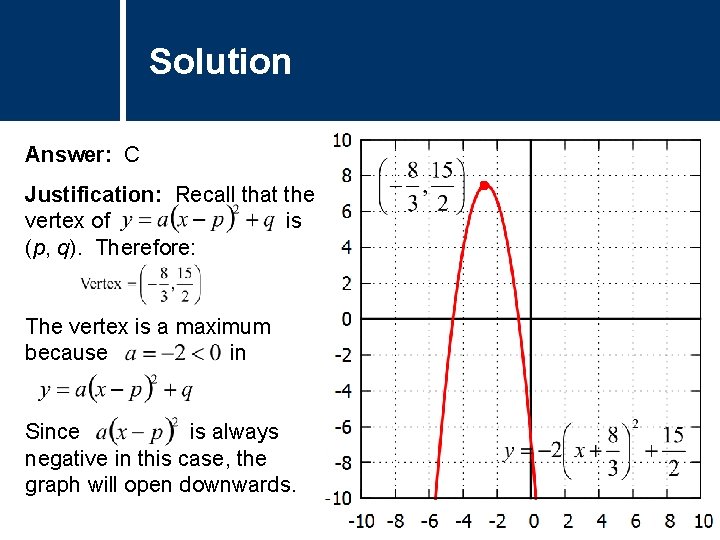 Solution Answer: C Justification: Recall that the vertex of is (p, q). Therefore: The