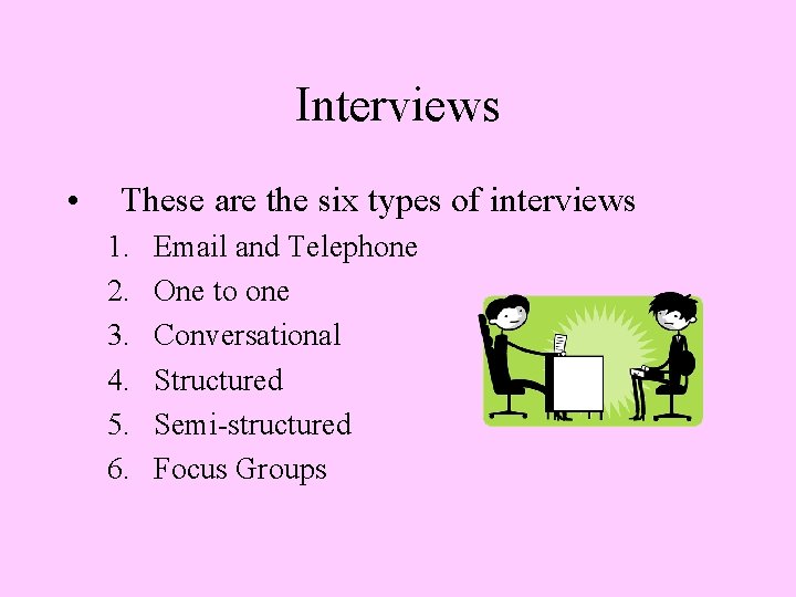 Interviews • These are the six types of interviews 1. 2. 3. 4. 5.