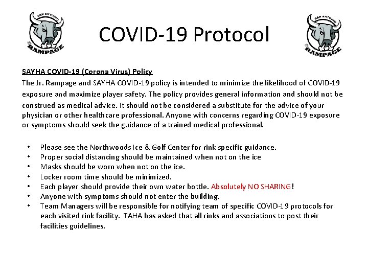 COVID 19 Protocol SAYHA COVID-19 (Corona Virus) Policy The Jr. Rampage and SAYHA COVID COVID 19 Protocol SAYHA COVID-19 (Corona Virus) Policy The Jr. Rampage and SAYHA COVID