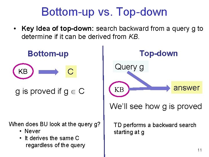 Bottom-up vs. Top-down • Key Idea of top-down: search backward from a query g