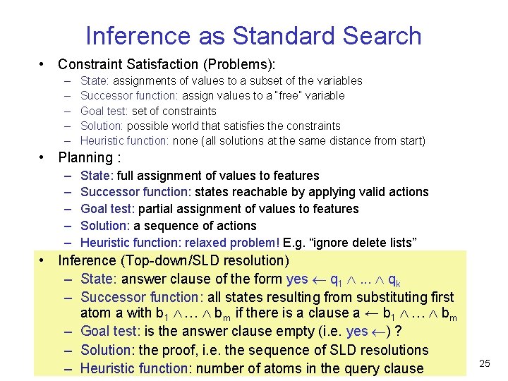 Inference as Standard Search • Constraint Satisfaction (Problems): – – – State: assignments of