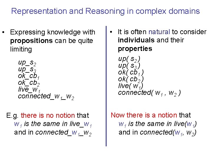 Representation and Reasoning in complex domains • Expressing knowledge with propositions can be quite