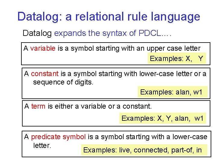 Datalog: a relational rule language Datalog expands the syntax of PDCL…. A variable is