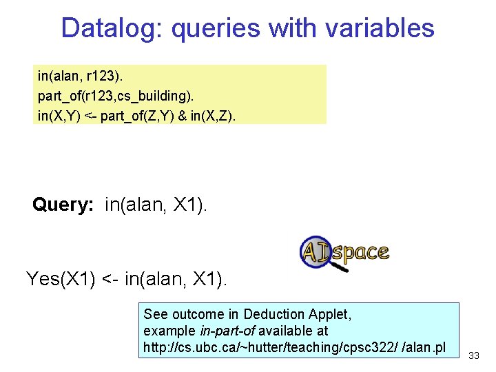 Datalog: queries with variables in(alan, r 123). part_of(r 123, cs_building). in(X, Y) <- part_of(Z,