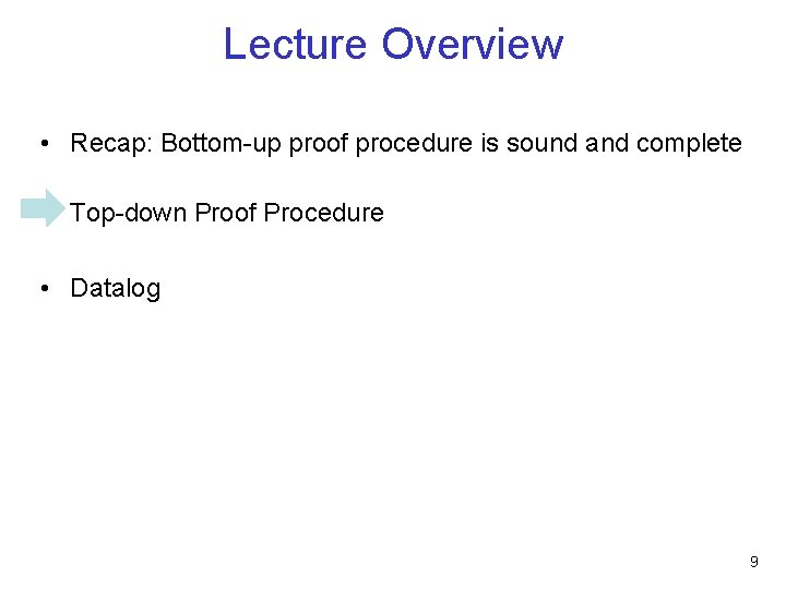 Lecture Overview • Recap: Bottom-up proof procedure is sound and complete • Top-down Proof