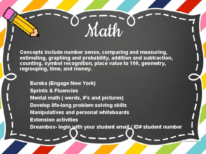 Math Concepts include number sense, comparing and measuring, estimating, graphing and probability, addition and