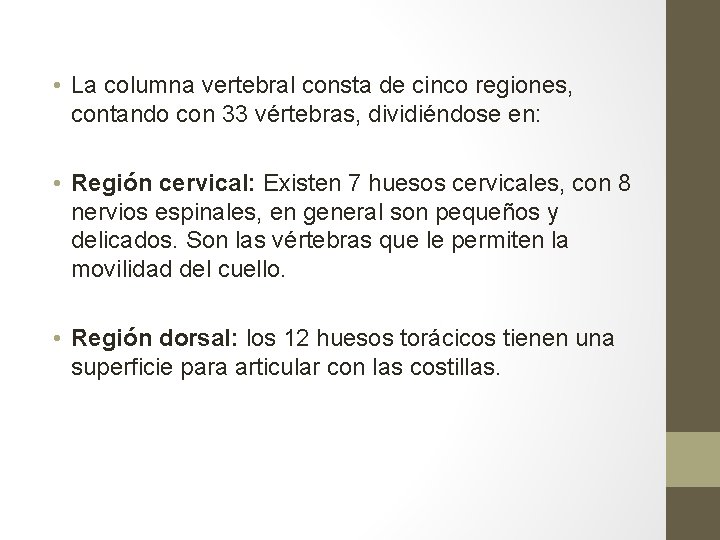 • La columna vertebral consta de cinco regiones, contando con 33 vértebras, dividiéndose • La columna vertebral consta de cinco regiones, contando con 33 vértebras, dividiéndose