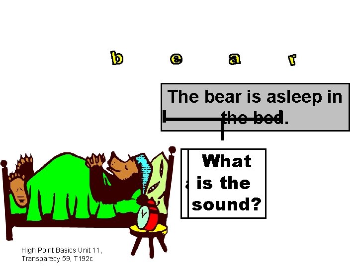 The bear is asleep in the bed. What are is the letters sound? ?