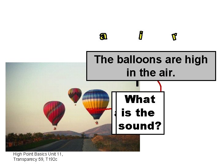 The balloons are high in the air. What are is the letters sound? ?