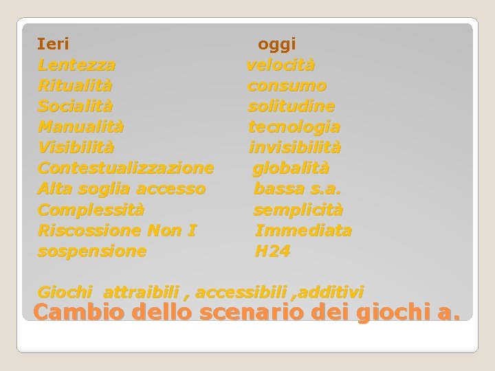 Ieri Lentezza Ritualità Socialità Manualità Visibilità Contestualizzazione Alta soglia accesso Complessità Riscossione Non I