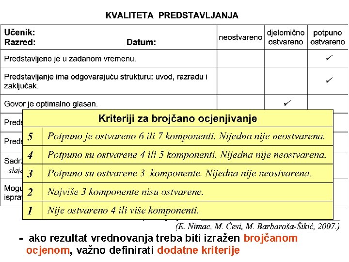 - ako rezultat vrednovanja treba biti izražen brojčanom ocjenom, važno definirati dodatne kriterije 