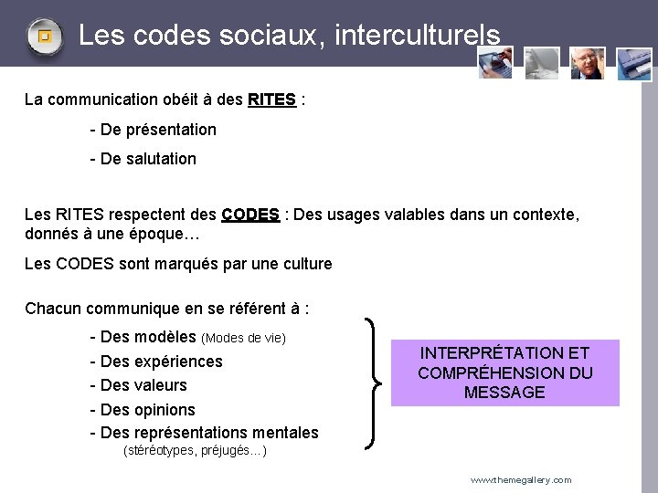 Les codes sociaux, interculturels La communication obéit à des RITES : - De présentation