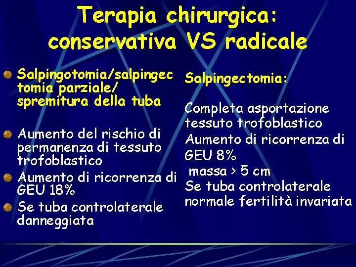 Terapia chirurgica: conservativa VS radicale Salpingotomia/salpingec Salpingectomia: tomia parziale/ spremitura della tuba Completa asportazione