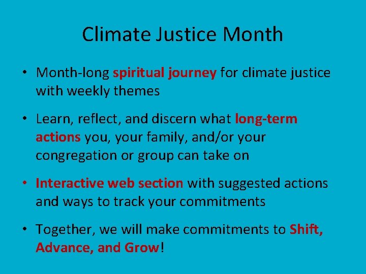 Climate Justice Month • Month-long spiritual journey for climate justice with weekly themes •