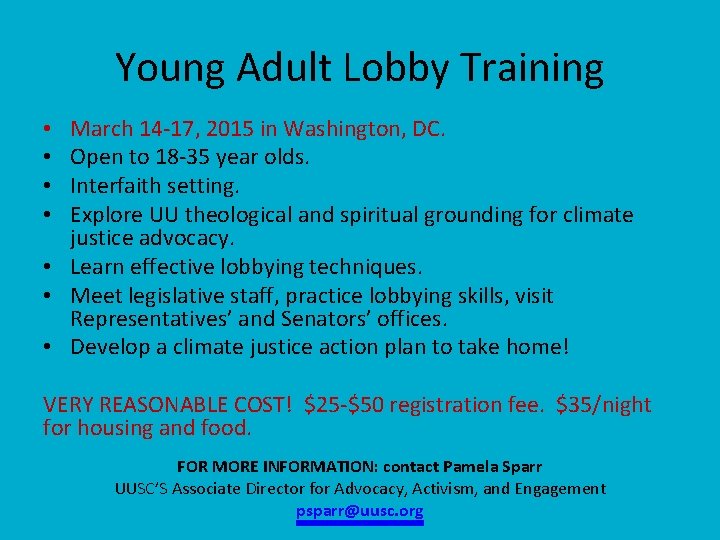 Young Adult Lobby Training March 14 -17, 2015 in Washington, DC. Open to 18