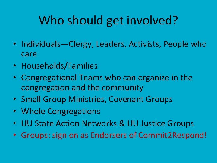 Who should get involved? • Individuals—Clergy, Leaders, Activists, People who care • Households/Families •