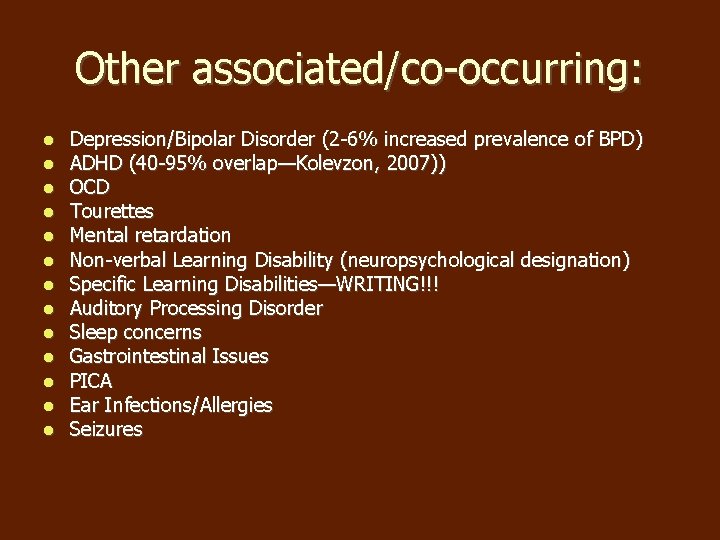 Other associated/co-occurring: Depression/Bipolar Disorder (2 -6% increased prevalence of BPD) ADHD (40 -95% overlap—Kolevzon, Other associated/co-occurring: Depression/Bipolar Disorder (2 -6% increased prevalence of BPD) ADHD (40 -95% overlap—Kolevzon,