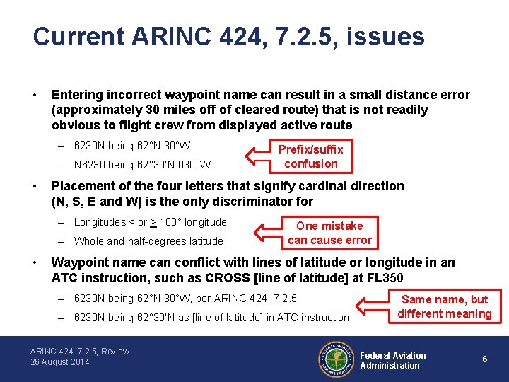 Current ARINC 424, 7. 2. 5, issues • Entering incorrect waypoint name can result