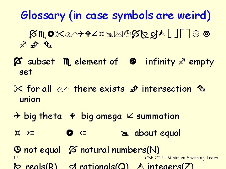 Glossary (in case symbols are weird) subset element of set infinity empty for all