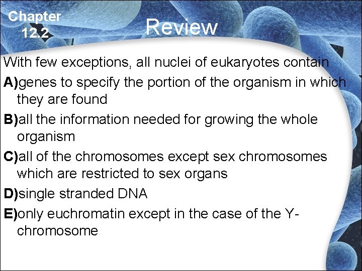 Chapter 12. 2 Review With few exceptions, all nuclei of eukaryotes contain A)genes to Chapter 12. 2 Review With few exceptions, all nuclei of eukaryotes contain A)genes to