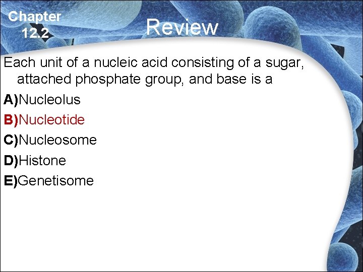 Chapter 12. 2 Review Each unit of a nucleic acid consisting of a sugar, Chapter 12. 2 Review Each unit of a nucleic acid consisting of a sugar,