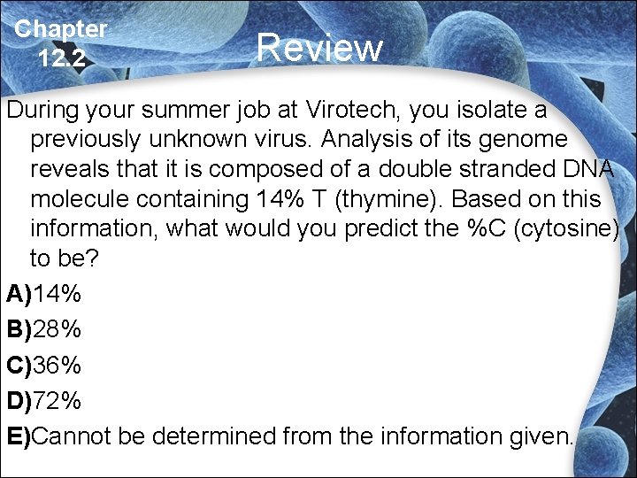 Chapter 12. 2 Review During your summer job at Virotech, you isolate a previously Chapter 12. 2 Review During your summer job at Virotech, you isolate a previously