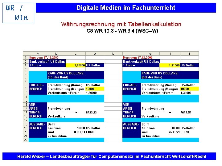 Digitale Medien im Fachunterricht Währungsrechnung mit Tabellenkalkulation G 8 WR 10. 3 - WR