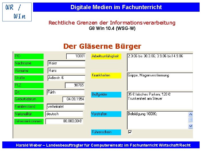 Digitale Medien im Fachunterricht Rechtliche Grenzen der Informationsverarbeitung G 8 WIn 10. 4 (WSG-W)