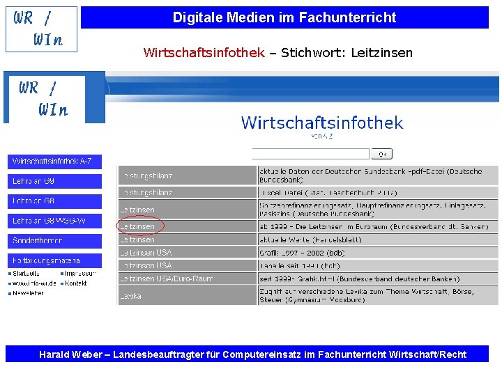 Digitale Medien im Fachunterricht Wirtschaftsinfothek – Stichwort: Leitzinsen Harald Weber – Landesbeauftragter für Computereinsatz