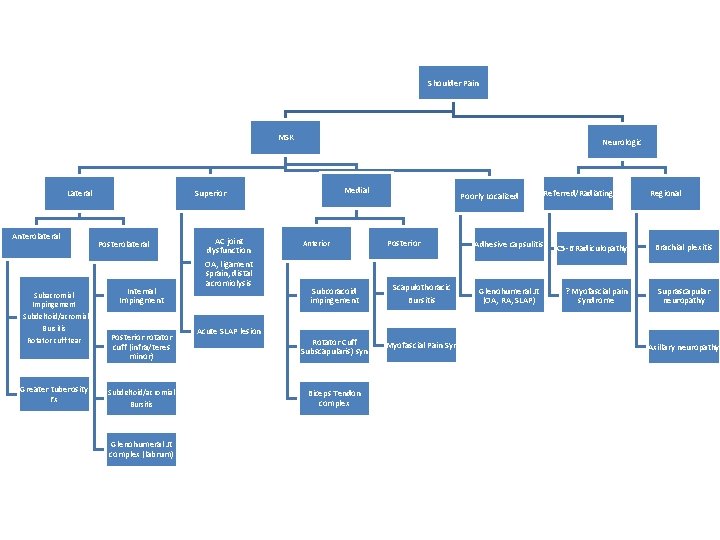Shoulder Pain MSK Lateral Anterolateral Subacromial Impingement - Subdeltoid/acromial Bursitis Rotator cuff tear Greater