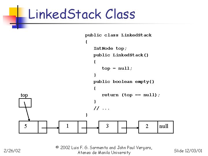 Linked. Stack Class public class Linked. Stack { Int. Node top; public Linked. Stack()