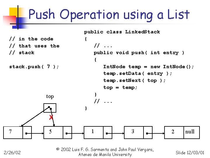 Push Operation using a List // in the code // that uses the //