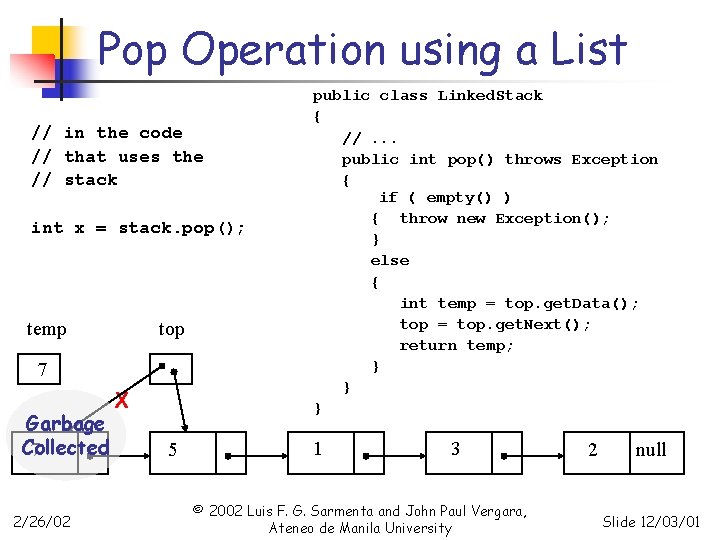 Pop Operation using a List // in the code // that uses the //