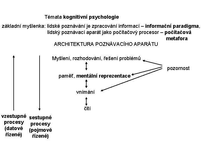 Témata kognitivní psychologie základní myšlenka: lidské poznávání je zpracování informací – informační paradigma, lidský