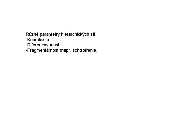 Různé parametry hierarchických sítí -Komplexita -Diferencovanost -Fragmentárnost (např. schizofrenie) Různé parametry hierarchických sítí -Komplexita -Diferencovanost -Fragmentárnost (např. schizofrenie)