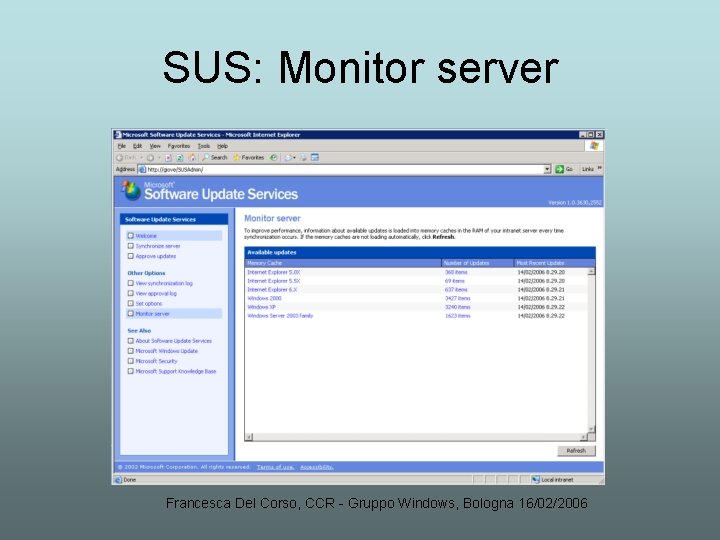 SUS: Monitor server Francesca Del Corso, CCR - Gruppo Windows, Bologna 16/02/2006 