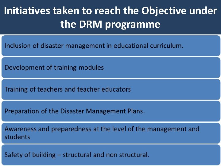 Initiatives taken to reach the Objective under the DRM programme 24 