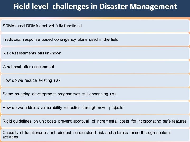 Field level challenges in Disaster Management 