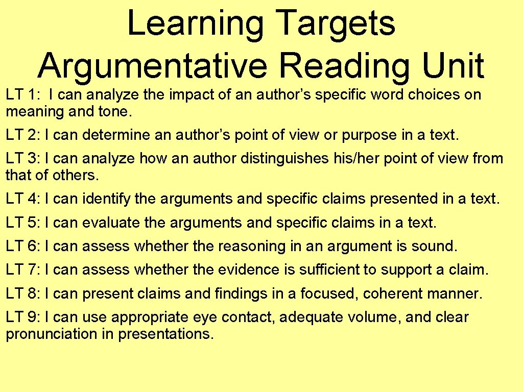 Learning Targets Argumentative Reading Unit LT 1: I can analyze the impact of an