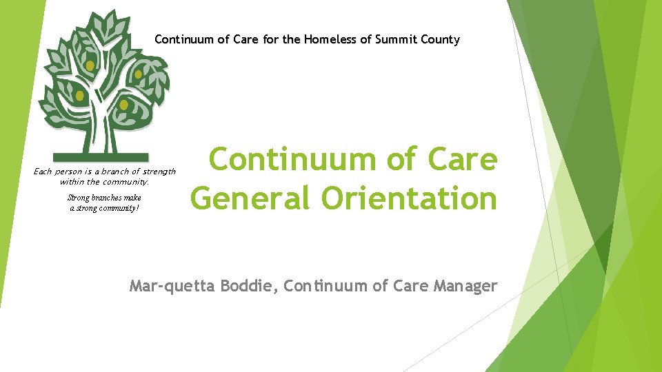 Continuum of Care for the Homeless of Summit County Each person is a branch Continuum of Care for the Homeless of Summit County Each person is a branch