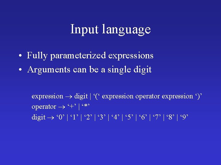 Input language • Fully parameterized expressions • Arguments can be a single digit expression