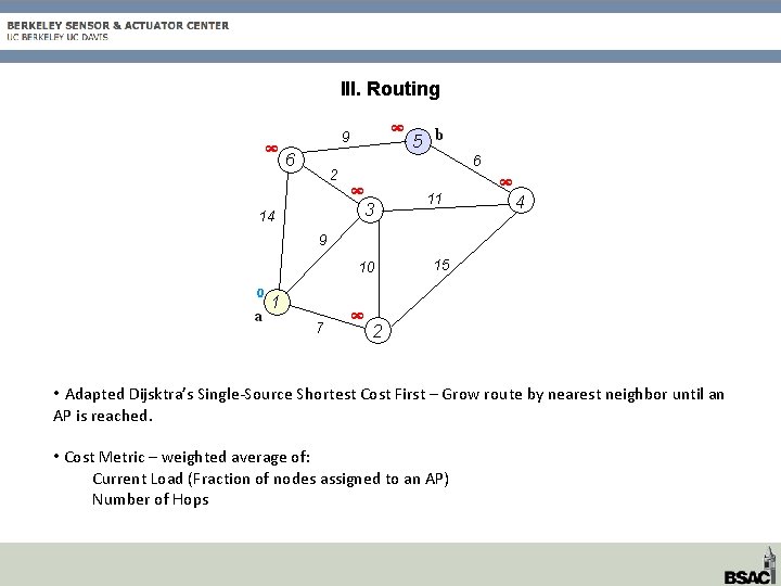 III. Routing • Adapted Dijsktra’s Single-Source Shortest Cost First – Grow route by nearest