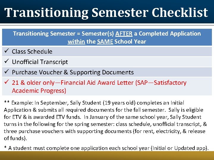 Transitioning Semester Checklist Transitioning Semester = Semester(s) AFTER a Completed Application within the SAME Transitioning Semester Checklist Transitioning Semester = Semester(s) AFTER a Completed Application within the SAME